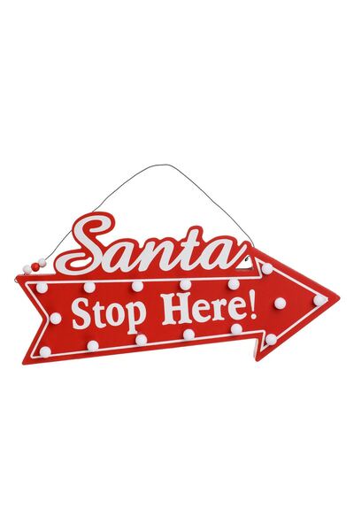 OEM Decorative Christmas Sign Red Wooden Arrow "Santa Stop Here" with Light 35cm
