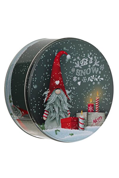OEM Round Metal Christmas Box Grey Gnome Ø19.7x8.6cm