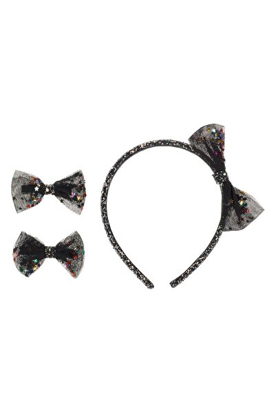 OEM Black Christmas Hair Wreath with Bow & 2 Glitter Confetti Hair Clips - 3pcs
