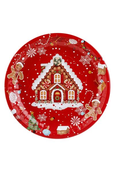 OEM Κόκκινο Χριστουγεννιάτικο Διακοσμητικό Μεταλλικό Πιάτο Σπιτάκι με Μελόψωμ...