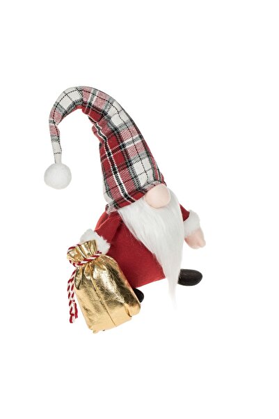 OEM Christmas Gnome Decorative Figurine with Red Riding Hood and Checkered Gold Foil Bag 48cm