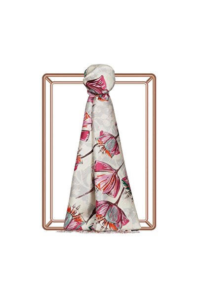 ipekevi Şal de mătase cu model - Model Gardenia - Crem Fuchsia