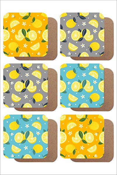 UNT Lemon Themed Set of 6 Mdf Uv Printed Coasters – Colorful Modern Design