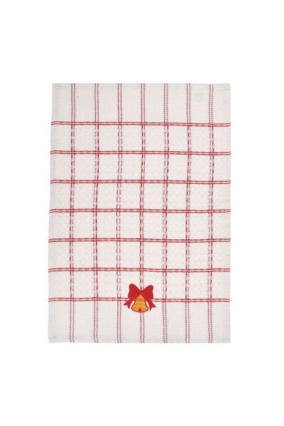 OEM Prosop de Bucatarie Alb Rosu cu Carouri Clopot Brodat de Craciun 60x40cm