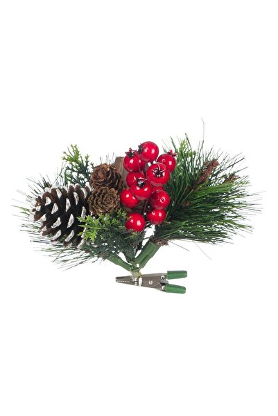 OEM Floare Decorativa de Craciun cu Clips Crenguta de Pin Rodie & Pomusoare 15cm