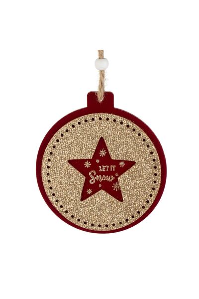 OEM Ornament Brad de Craciun din Lemn Rotund Stea Rosie Catifelata cu Glitter...