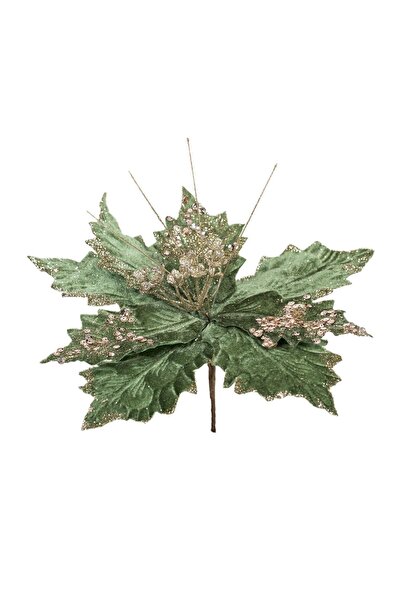 OEM Decorative Christmas Flower Velvet Green with Champagne Beige Glitter 30cm
