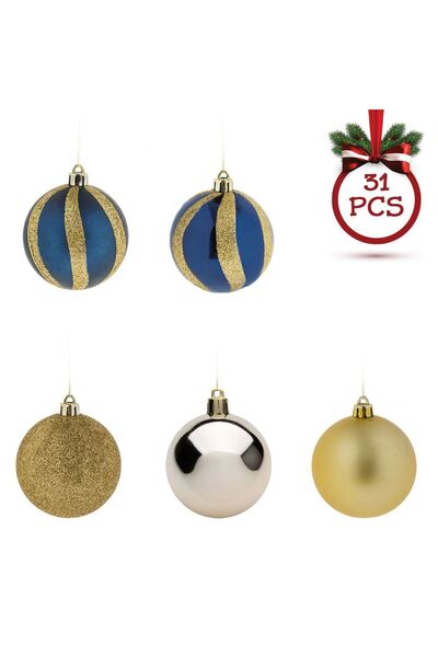 OEM Set Globuri de Craciun Albastre Aurii Mate Stralucitoare cu Glitter Ø7cm & Beteala - 31buc