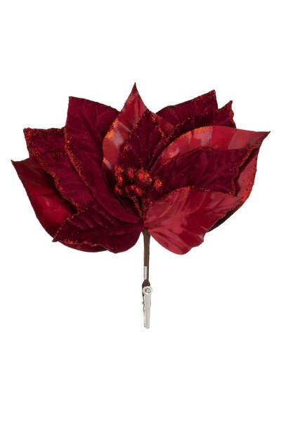 OEM Christmas Decorative Flower with Clips Velvet Red Glitter 24 centimeters