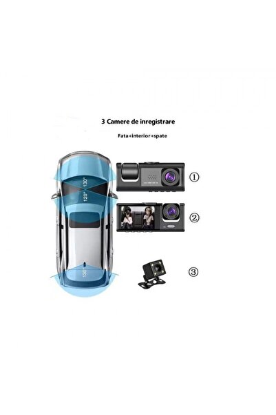 UNİBOX Triple Car DVR Camera, Full HD, 170° recording angle, 2" display, Night Vision, G-sensor