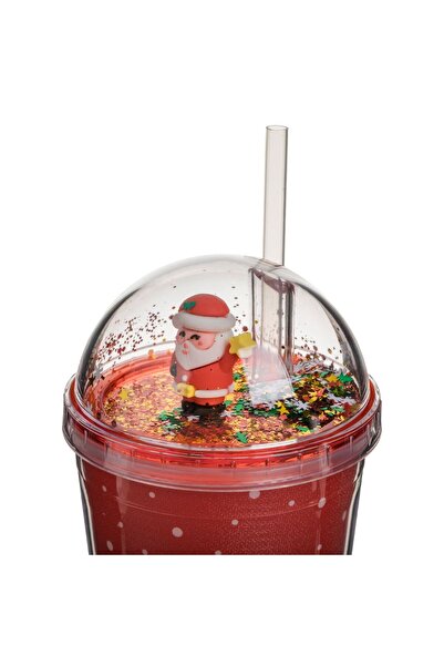 OEM Red Christmas Plastic Cup with Straw Lid & 3D Santa Confetti 450ml