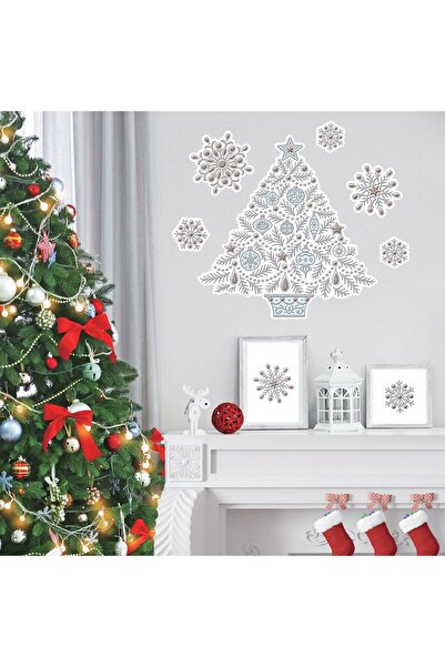 OEM Christmas Decorative Stickers Tree Silver Flakes Blue 18x23cm