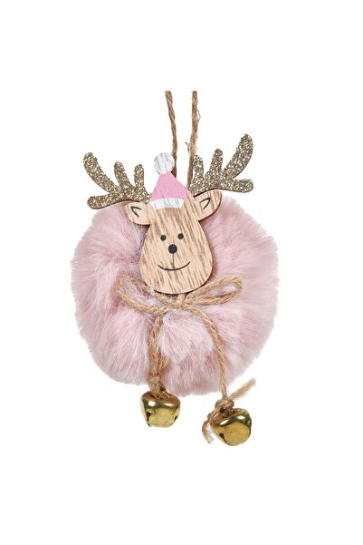 OEM Wooden Christmas Tree Ornament Deer with Pink Fur & Bells Ø8cm