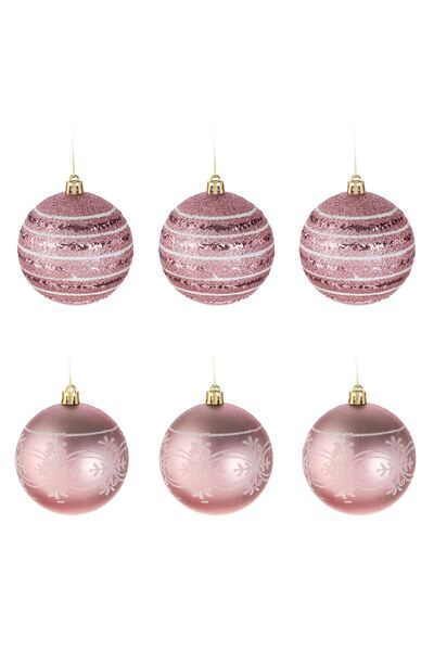 OEM Set Globuri de Craciun Roz Mat Lucioase cu Dungi cu Glitter & Modele Albe...