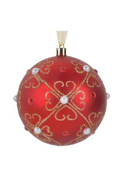 OEM Ornament Brad de Craciun Glob Rosu Mat cu Model Floral Margele & Stras Ø10cm