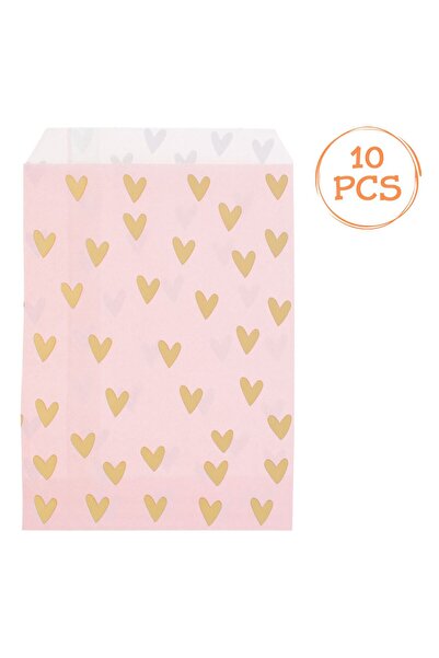 OEM Pink Paper Bags with Gold Foil Hearts for Sweets 13x17.5cm - 10pcs