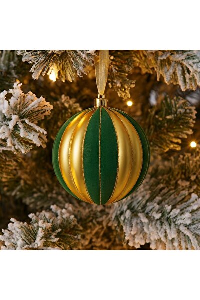 OEM Decorative Christmas Ornament Velvet Green Globe with Matte Gold Stripes & Rhinestones Ø10cm