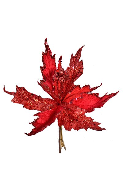 OEM Floare Decorativa de Craciun Catifelata Rosie cu Glitter & Clips 25cm