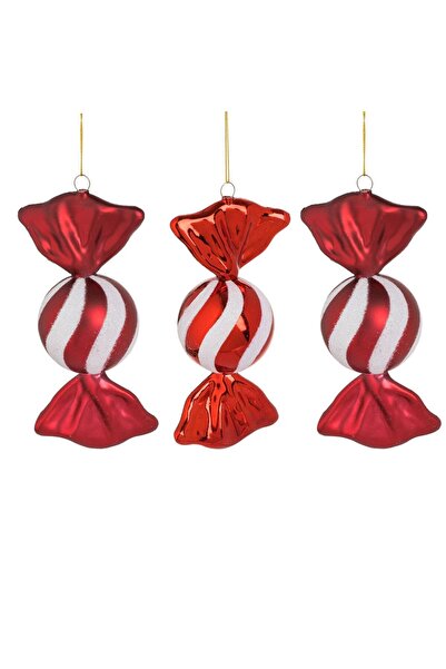 OEM Set Ornamente Brad de Craciun Bomboane Rosii cu Glitter Irizat 18.5cm - 3buc