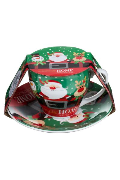 OEM Green Porcelain Christmas Cup with Figurines & Saucer Set 220ml