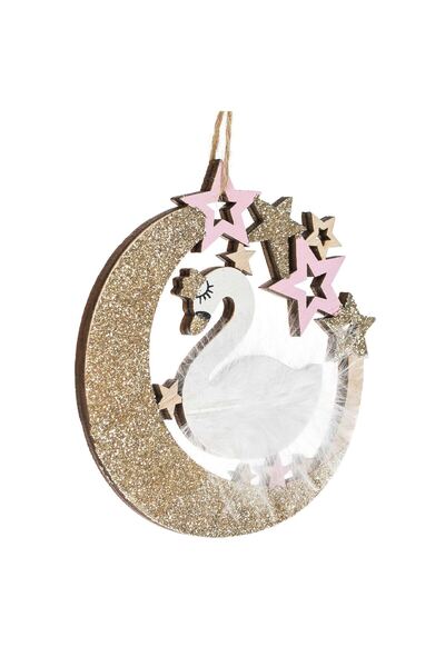 OEM Wooden Christmas Tree Ornament White Swan with Glitter Moon Feathers & Pink Stars 9.5cm