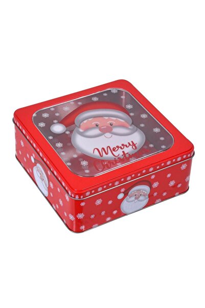 OEM Cutie Metalica de Craciun Patrata Rosie cu Fereastra Mos Craciun