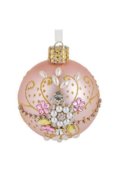 OEM Ornament Brad de Craciun Glob din Sticla Roz Mat cu Margele Ø9cm