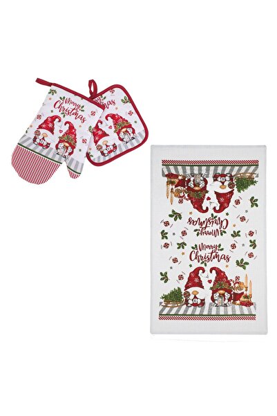 OEM Red and White Kitchen Towel & Napkin Mitt Set with Christmas Gnome Figuri...