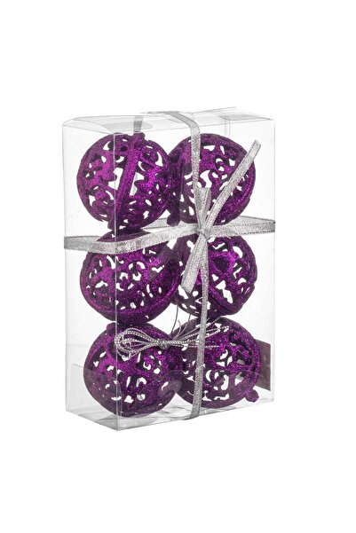 OEM Set of Purple Christmas Baubles with Perforated Pattern & Glitter Ø6cm - 6pcs