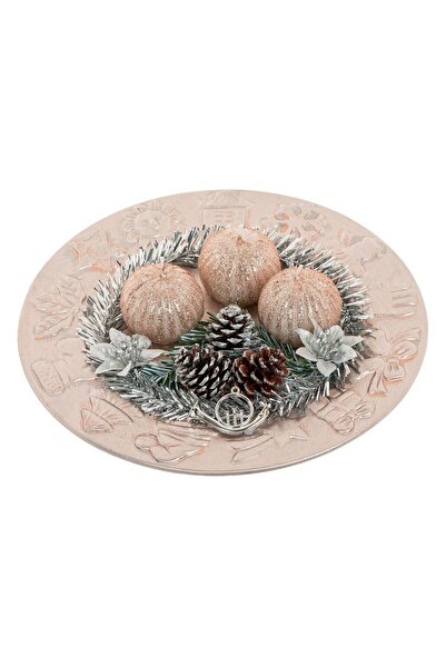 OEM Decorative Christmas Plate with 3 Silver Cone Candles 24cm
