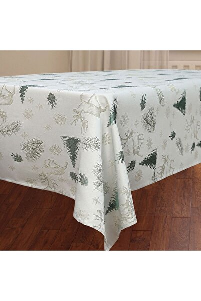 OEM Fata de Masa Decorativa de Craciun Verde Aurie cu Reni Brazi Fulgi 240x140cm