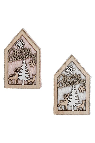 OEM Decorative Wooden Christmas House Ecru Pink Reindeer Faux Fur Flakes 11cm