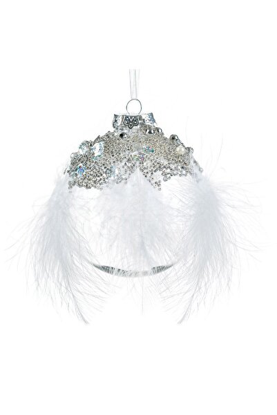 OEM Ornament Brad de Craciun Glob Transparent cu Strass Argintiu & Pene Albe ...