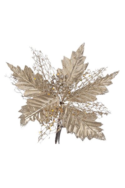 OEM Floare Decorativa de Craciun Bej cu Dantela Glitter & Clips 25cm