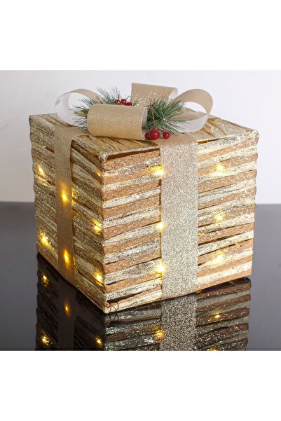 OEM Christmas Decoration Gift Champagne Brown with Glitter & 25 LED Bulbs 25x25x30cm