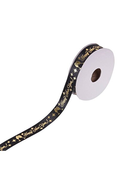 OEM Decorative Christmas Tree Ribbon Black Gold Letters "Happy New Year" 5m x 15mm