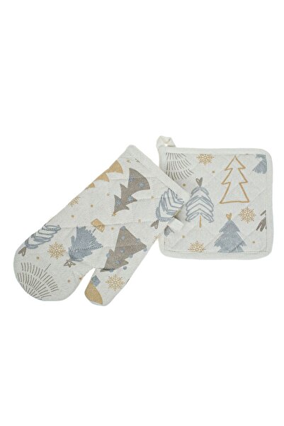 OEM Christmas Kitchen Napkin Mitt Set Ecru Silver Lurex Fir Trees - 2pcs