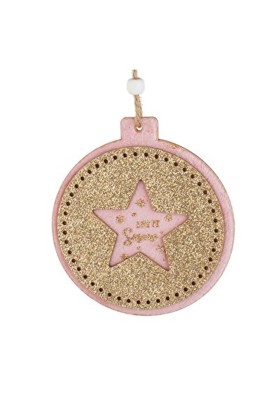 OEM Christmas Tree Ornament Made of Round Velvety Wood Pink Star with Beige Glitter Ø10cm