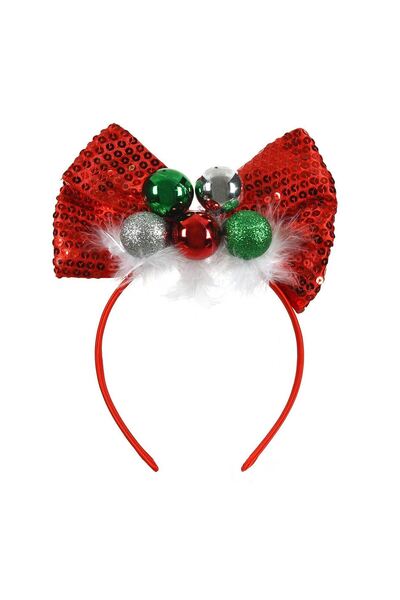 OEM Christmas Hair Wreath Red Bow with Sequins, Globes & Feathers