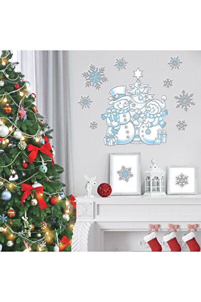 OEM Christmas Decorative Stickers Snowman Fir Tree Snowflakes Blue Silver 21x31cm
