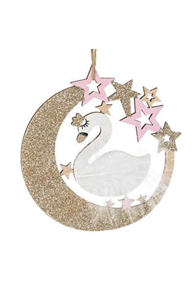 OEM Wooden Christmas Tree Ornament White Swan with Glitter Moon Feathers & Pink Stars 9.5cm