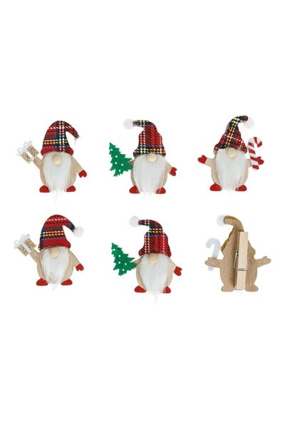 OEM Christmas Wooden Decorative Pliers with Gnome Figurine with Red Checkered Hat - 6pcs