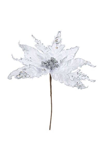 OEM Floare Decorativa de Craciun Alba Catifelata cu Glitter Argintiu 32cm