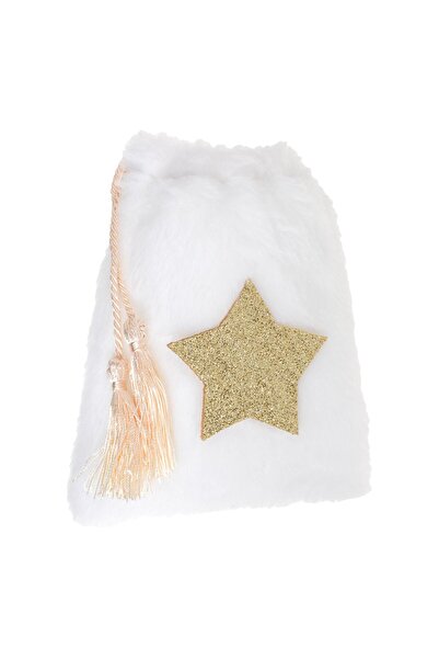 OEM White Faux Fur Christmas Gift Bag with Gold Glitter Star & Beige Drawstring 13x17cm