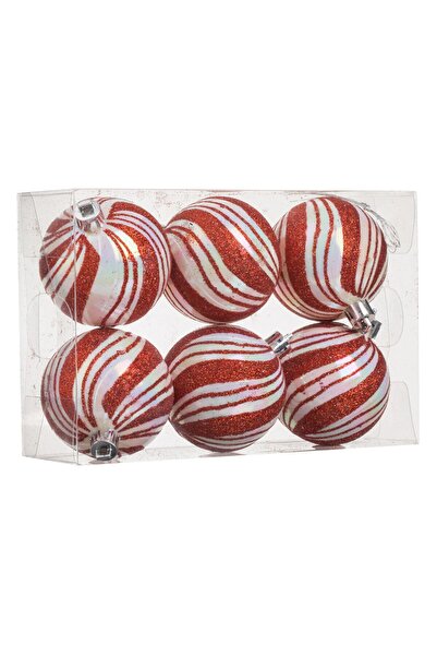 OEM Set of Red White Candy Christmas Baubles with Red Glitter Stripes Ø6cm - 6pcs
