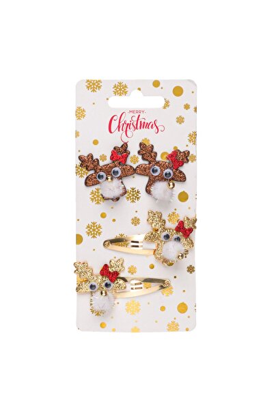 OEM Set of Metal Hair Clips & Elastics with Christmas Reindeer Glitter 5cm - 4pcs