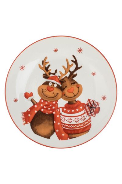 OEM White Porcelain Christmas Plate with Reindeer Pattern for Dessert Ø15.5 c...