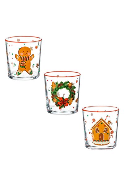 OEM Set 3 Pahare din Sticla Transparenta de Craciun "Om de Turta Dulce" 380ml