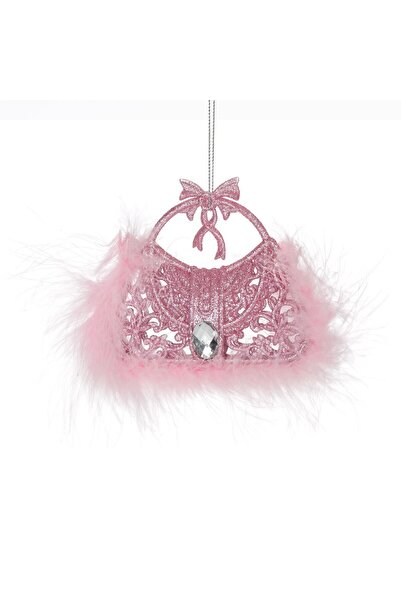 OEM Christmas Tree Ornament Purse with Pink Glitter Stone & Feathers 10.5x8.5cm