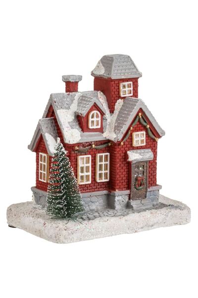 OEM Scena de Craciun Casa Rosie cu Brad & Lumina LED 10x7x11cm